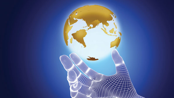 A globe in a computerdesigned crosshatch hand