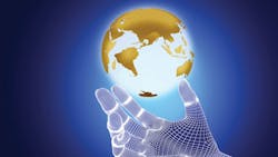 A globe in a computerdesigned crosshatch hand A globe in a computerdesigned crosshatch hand