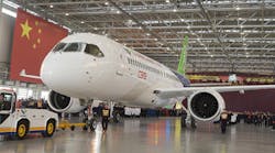The C919 passenger jet, China&apos;s first self-developed airliner, rolls off the production line in November in Shanghai.