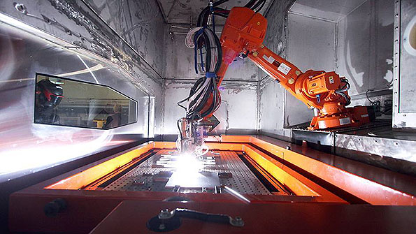 Norsk Titanium AS uses argonshielded direct metal deposition to produce aerospace components in titanium The process is capable of depositing the material in six axes of operation and depositing multiple materials for parts with highly complex geometries