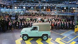 Seven hundred current employees gathered at the plant in Solihull England to commemorate the end of the 68year production run of the Jaguar Land Rover Defender Seven hundred current employees gathered at the plant in Solihull England to commemorate the end of the 68year production run of the Jaguar Land Rover Defender