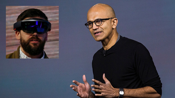 Microsoft CEO Satya Nadella left and a HoloLens demonstration