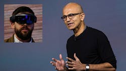 Microsoft CEO Satya Nadella left and a HoloLens demonstration Microsoft CEO Satya Nadella left and a HoloLens demonstration