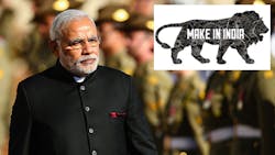 Indian PM Narendra Modi and the Make In India lion Indian PM Narendra Modi and the Make In India lion