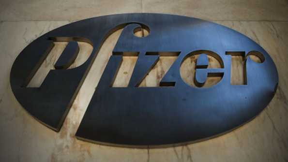 The Pfizer logo at the companys Manhattan headquarters