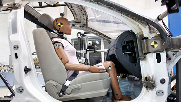 A crash test dummy at the Takata test facility in Auburn Hills Michigan