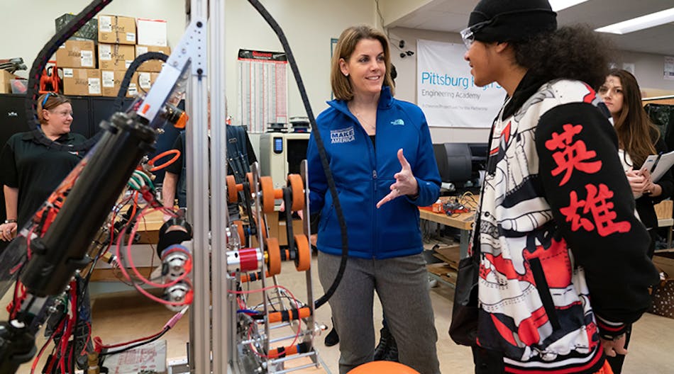 Carolyn Lee, executive director of The Manufacturing Institute, tours Pittsburg High School Tuesday, Feb. 26, 2019, in Pittsburg, Ca.