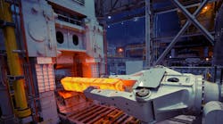 The in-line forge press at the Faircrest Steel Plant delivers 6,000 psi of force to compress heated ingots in to shape for large-bar rolling. The open-die press helps the steelmaker improve the “center soundness” of its SBQ steel. The in-line forge press at the Faircrest Steel Plant delivers 6,000 psi of force to compress heated ingots in to shape for large-bar rolling. The open-die press helps the steelmaker improve the “center soundness” of its SBQ steel.