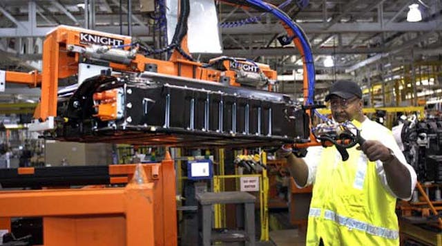A worker demonstrates the installation of a battery pack for a Ford Focus on the assembly line at the Ford Motor Co.&apos;s Michigan Assembly Plant in Wayne, Michigan. Today&apos;s monthly jobs report provides mixed signals for the U.S. manufacturing sector. (Photo by Bill Pugliano/Getty Images)