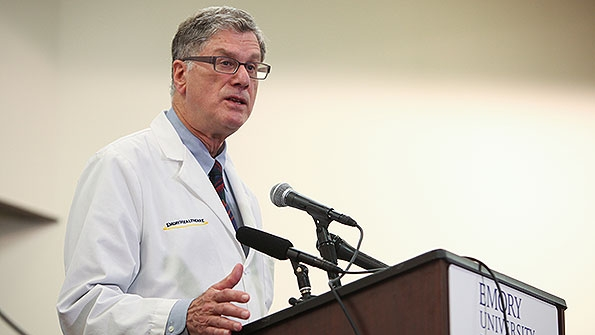 Dr Bruce Ribner an epidemiologist and professor in the School of Medicine39s Infectious Diseases Division confirms that Emory University Hospital will be receiving and treating two American patients diagnosed with Ebola virus during a press conference at Emory University Hospital on August 1 2014 in Atlanta