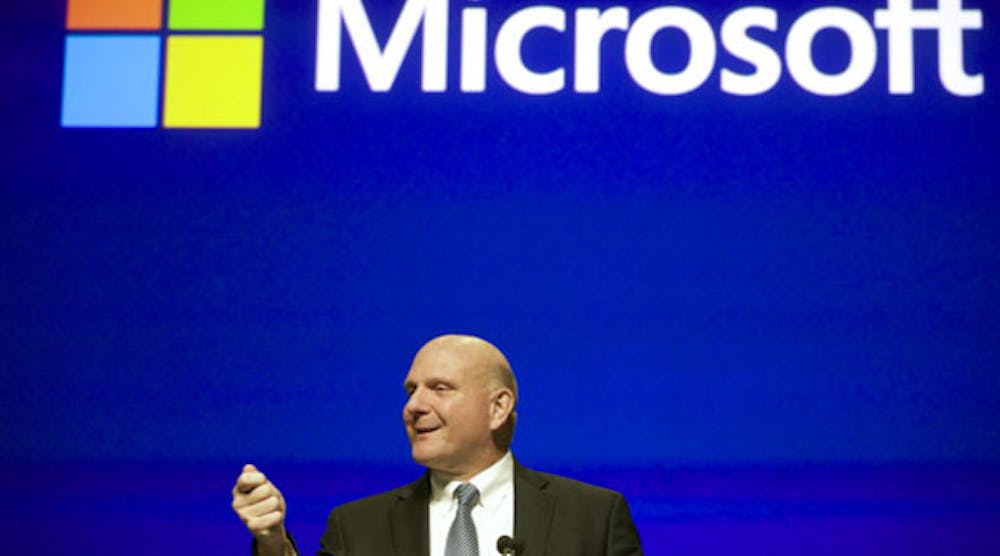 Former Microsoft CEO Steve Ballmer addresses shareholders during the company&apos;s annual shareholder meeting last November in Bellevue, Washington. The meeting was the last for as CEO, of which there have only been two in Microsoft&apos;s history. (Stephen Brashear/Getty Images)