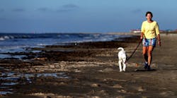 A woman walks her dog on the beach in Grand Isle, Louisiana, on April 19, a few days after BP announced it was formally ending its cleanup on the Louisiana coast from the 2010 Deepwater Horizon oil spill. (Photo by Sean Gardner/Getty Images)