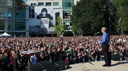 Apple CEO Tim Cook addresses employees during a celebration of Steve Jobs&apos; life.