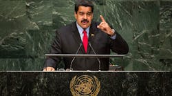 Venezuelan President Nicolas Maduro Moros speaks at the United Nations General Assembly last month in New York. Venezuela&apos;s economy in crisis. Auto production has dropped 82% this year, and Maduro&apos;s socialist government is battling crippling shortages of basic goods. (Photo by Andrew Burton/Getty Images)