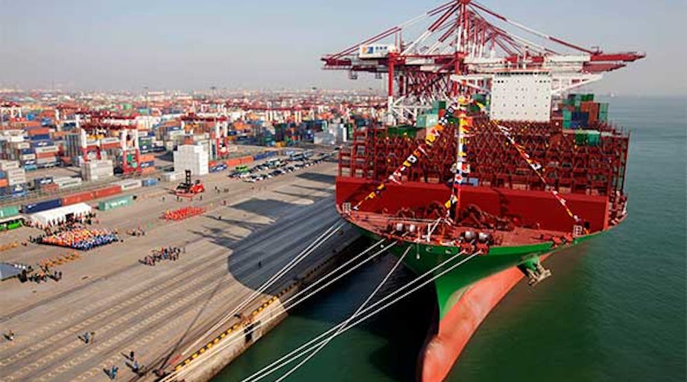 QINGDAO, CHINA-- The maiden voyage ceremony of the world largest container ship &apos;CSCL Globe&apos; is held at Port of Qingdao on December 4, 2014 in Qingdao, Shandong province of China. The &apos;CSCL Globe&apos; is the first ship co-built by China Shipping container Lines Co.,Ltd and Hyundai Heavy Industries Ltd. Co of South Korea. CSCL Globe measures 400m in length, 58.6m in width and 30.5m in depth. Photo: ChinaFotoPress via Getty Images