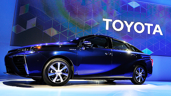 The Toyota Mirai fuelcell automobile is displayed at a Toyota press event at the Mandalay Bay Convention Center for the 2015 International CES on January 5 2015 in Las Vegas Nevada