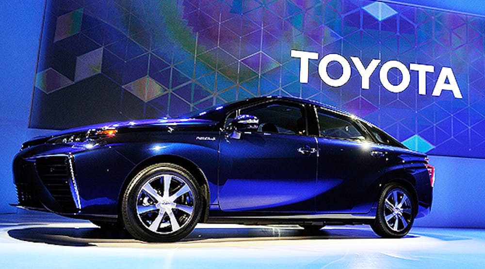 The Toyota Mirai fuelcell automobile is displayed at a Toyota press event at the Mandalay Bay Convention Center for the 2015 International CES on January 5, 2015 in Las Vegas, Nevada.