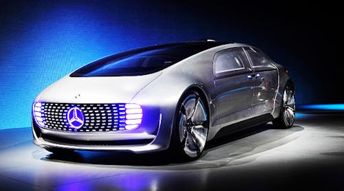 A Mercedes-Benz F 015 autonomous driving automobile is displayed at the Mercedes-Benz press event at the 2015 International CES in Las Vegas, Nevada.