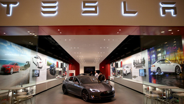 A Tesla automobile on the showroom floor