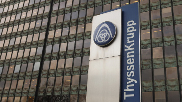 ThyssenKrupp logo and wordmark outside an office tower