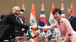 Indian prime minister Narendra Modi and South Korean president Park GeunHye Indian prime minister Narendra Modi and South Korean president Park GeunHye