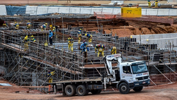 Workers building the Deodoro Sports Complex for the Rio 2016 Olympic games