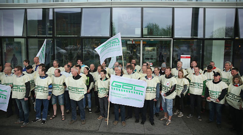 These striking German rail drivers demonstrated outside a rail station earlier this month.