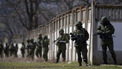 Russian troops surrounded a Ukrainian military base in March 2015 Russian troops surrounded a Ukrainian military base in March 2015