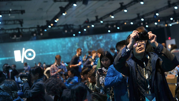 The crowd prepares for the Google IO developers conference keynote Thursday