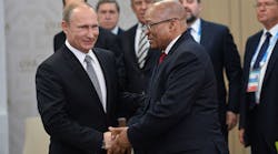 Russian President Vladimir Putin welcomes South African President Jacob Zuma to the BRICS summit.