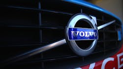 A Volvo logo on a front grille A Volvo logo on a front grille