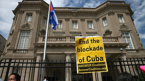 Cuban supporters gather on July 20 in front of their reopened embassy in Washington DC The embassy had been closed for 54 years since President Eisenhower severed diplomatic relations
