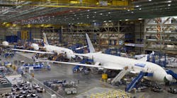 Boeing employees assemble 787 Dreamliners at the company&apos;s plant in Everett, Washington.