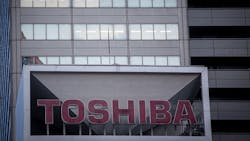 The Toshiba wordmark logo at corporate headquarters in Tokyo The Toshiba wordmark logo at corporate headquarters in Tokyo