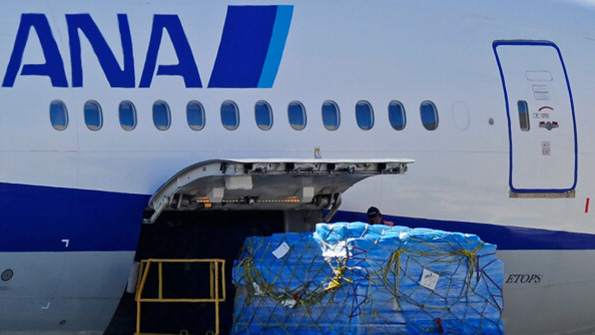 Airline workers load cargo into an ANA plane