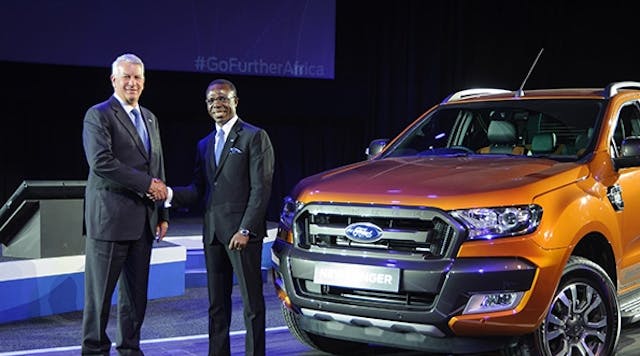 At Go Further South Africa 2015, Ford South Africa CEO Jeff Nemeth (left) and Coscharis Motors Ltd. President Dr. Cosmas Maduka (right) announced a new manufacturing facility in Nigeria to assemble the Ford Ranger.