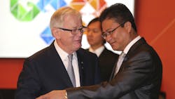 Australia trade minister Andrew Robb left and Myanman ASEAN chair Min Thien Australia trade minister Andrew Robb left and Myanman ASEAN chair Min Thien