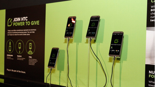HTC phones on display at a New York event in 2014