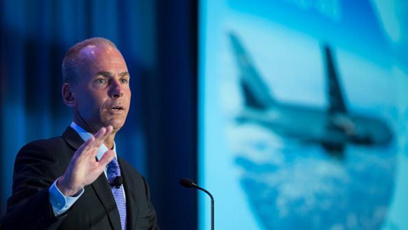 Boeing CEO Dennis Muilenburg delivers the keynote at the SAE Aerotech Congress