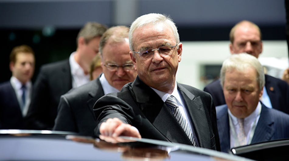 Volkswagen CEO Martin Winterkorn in happier times, at the annual company shareholders&apos; meeting in May. Winterkorn is at the center of an emissions scandal that could wind up with him knocked from the company.