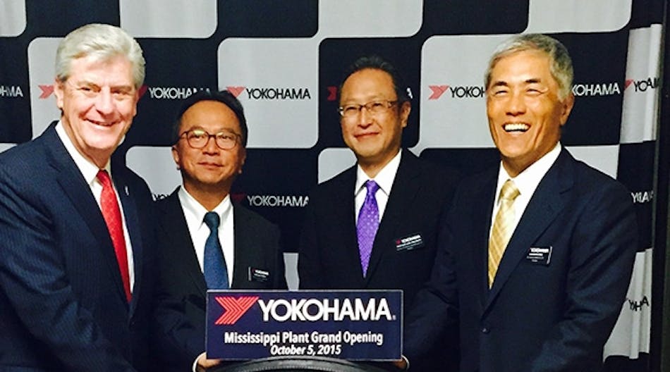 From right to left: Hikomitsu Noji, president of The Yokohama Rubber Co., Ltd.; Tadaharu Yamamoto, president of YTMM; Takaharu Fushimi, CEO of Yokohama Corp. of North America &amp; Yokohama Tire Corp.; and Mississippi Gov. Phil Bryant.