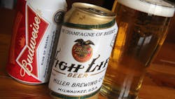 Cans of Budweiser and Miller High Life Cans of Budweiser and Miller High Life