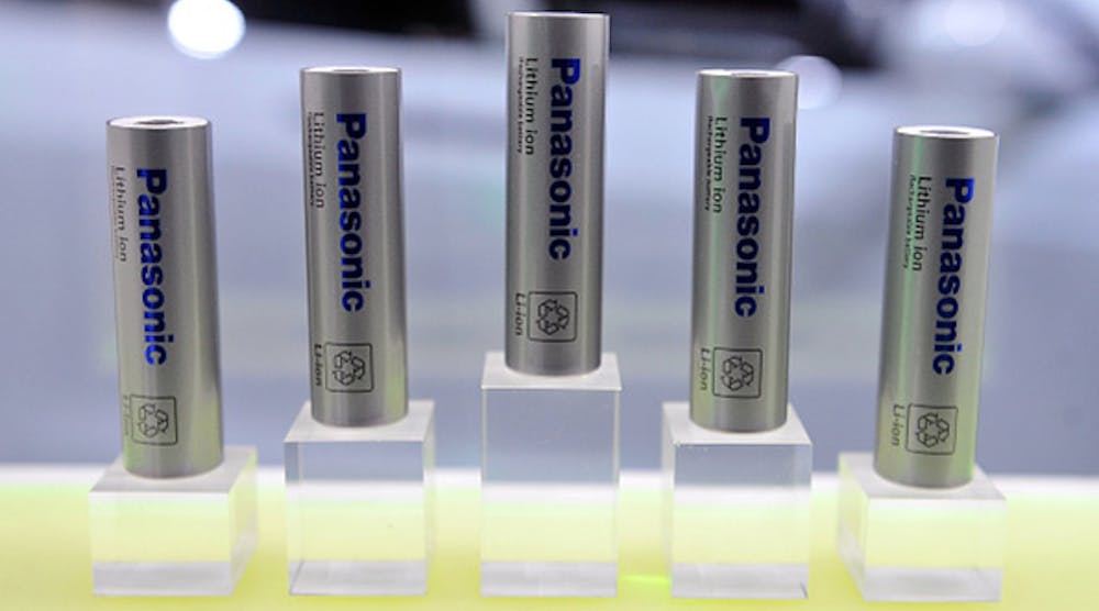 Panasonic displays a handful of its lithium-ion batteries at the 2015 International Consumer Electronics Show in Las Vegas.