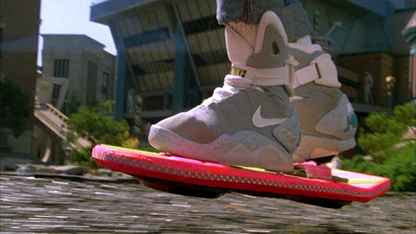 Marty McFly rides a hoverboard in Back to the Future Part II