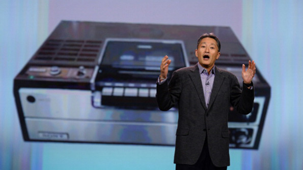Sony president and CEO Kazuo Hirai with a Betamax player