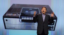 Sony president and CEO Kazuo Hirai speaks at the Consumer Electronics Show with ... a Betamax player behind him. The company introduced the technology in 1975, stopped manufacturing players in 2002 and will finally halt tape production early next year.
