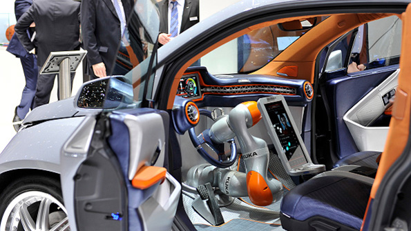 Autonomous car on display at a tech show