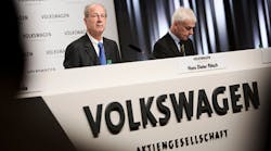 Volkswagen AG supervisory board chairman Hans Dieter Poetsch, left, and VW Group chairman and CEO Matthias Mueller, discuss the latest in the company&apos;s emissions scandal last week in Wolfsburg, Germany.