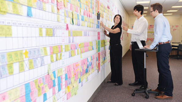 One of many lean tools employed by Goodyear in its innovation process is visual planning Every release and every learning cycle is planned on a visual planning board identified by a sticky note The planning is done according to available capacity and at a weekly cadence Any deviation from the plan is shown visibly and all problems are resolved in regular short huddles standup meetings with all the stakeholders Pictured here left to right are Goodyear associates Rachel Graves development engineer Juan Ferna