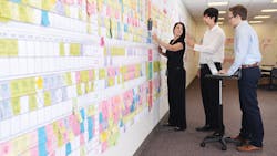 One of many lean tools employed by Goodyear in its innovation process is visual planning Every release and every learning cycle is planned on a visual planning board identified by a sticky note The planning is done according to available capacity and at a weekly cadence Any deviation from the plan is shown visibly and all problems are resolved in regular short huddles standup meetings with all the stakeholders Pictured here left to right are Goodyear associates Rachel Graves development engineer Juan Ferna One of many lean tools employed by Goodyear in its innovation process is visual planning Every release and every learning cycle is planned on a visual planning board identified by a sticky note The planning is done according to available capacity and at a weekly cadence Any deviation from the plan is shown visibly and all problems are resolved in regular short huddles standup meetings with all the stakeholders Pictured here left to right are Goodyear associates Rachel Graves development engineer Juan Ferna